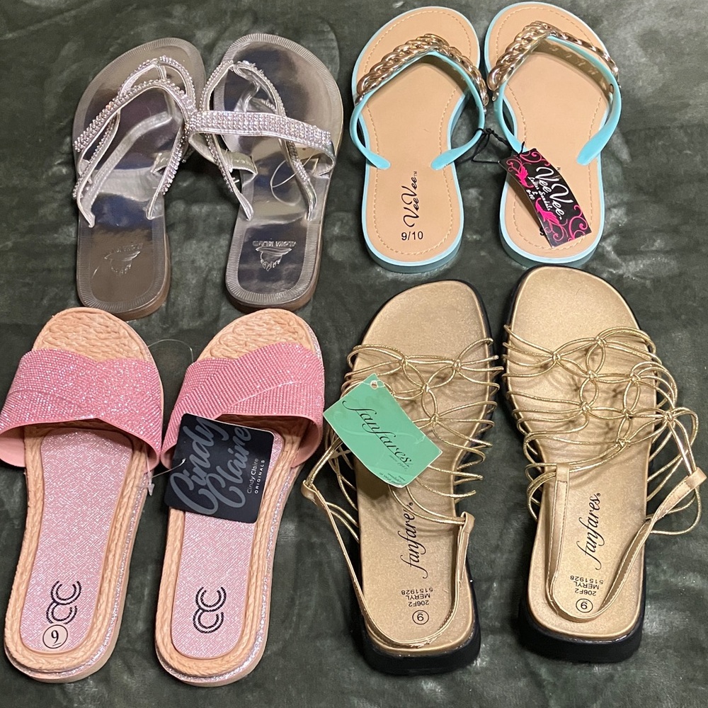 Women’s sandals in pink, gold, mint, green and silver all four pairs nwt